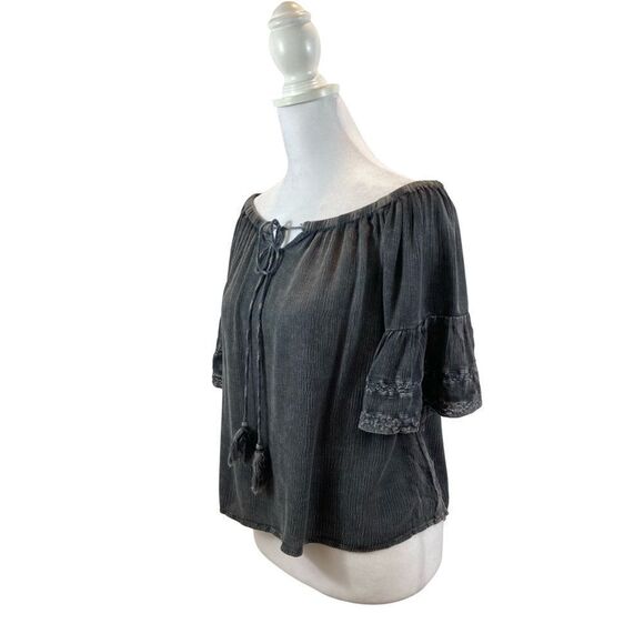 Paper Crane Black Grey Mineral Wash Boho Peasant Blouse Size Small - Picture 1 of 11